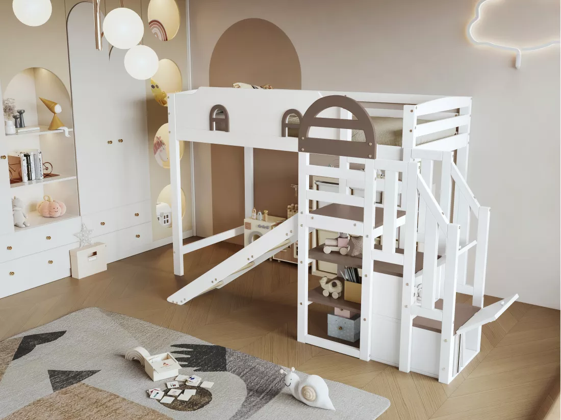 Lit mezzanine pour enfant - 90 x 200 cm - avec toboggan et fenêtre - 2 rangements dans l'escalier - pin+MDF - blanc+marron