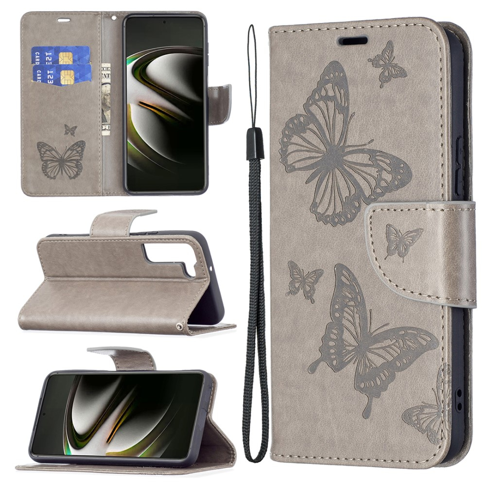Samsung Galaxy S22 5G Leder Tasche mit Kartenfach   Handschlaufe Schmetterling - Grau