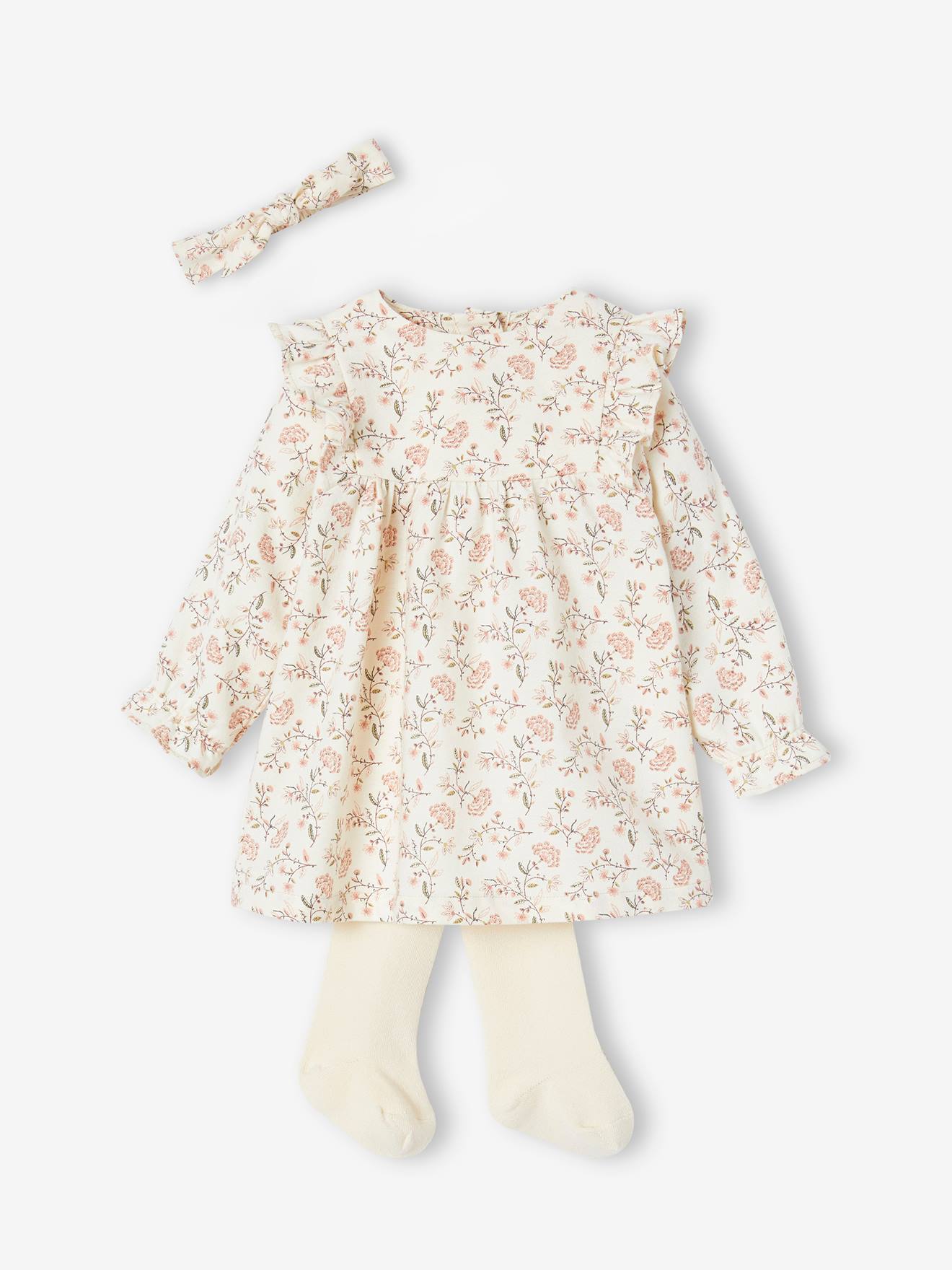 Conjunto de roupa de bebê de 3 peças: vestido, meia-calça e faixa de cabelo bege combinando