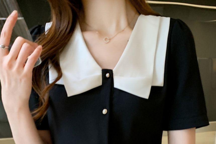 Dragan Pulse - Blouse met korte mouwen en contrastkraag van chiffon