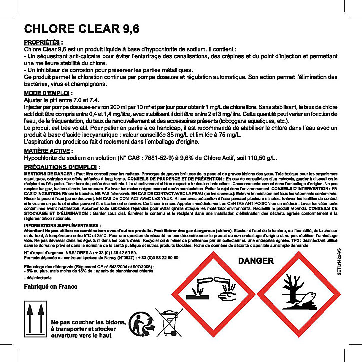 Chlore clear liquide 9,6 20 L