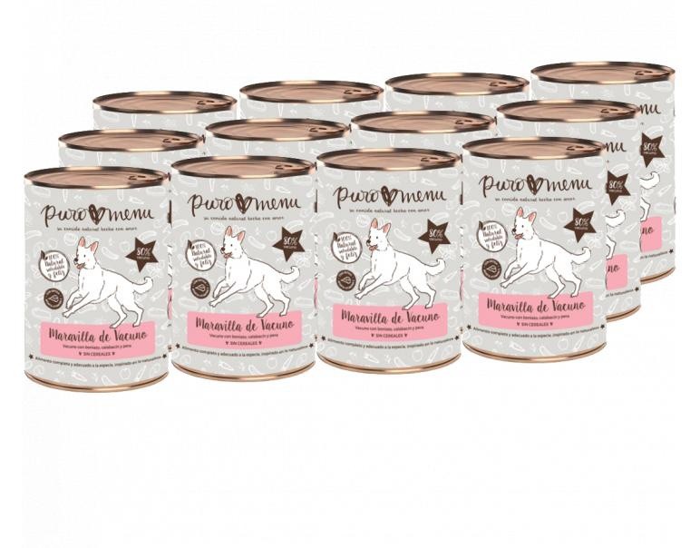 Pacote com 12 latas de ração úmida Puromenu para cães, sabor carne.