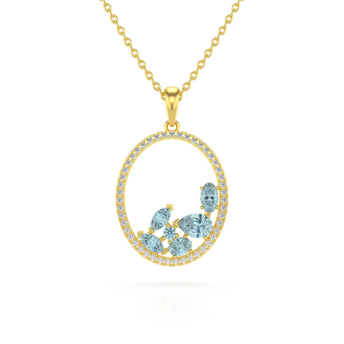 Collier Pendentif Or Jaune 585 Aigue-Marine et Diamants Chaine Or incluse 2.096grs