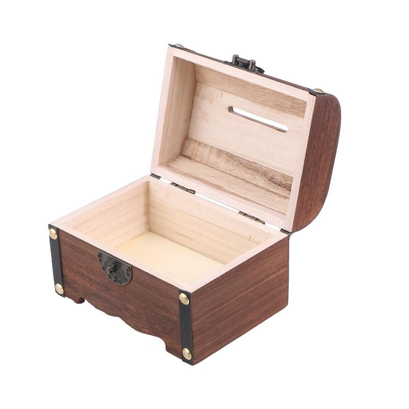 Holz Schatztruhe Wiederverwendbare Vintage Münz Spardose inkl. Schloss   2 Schlüssel - Braun