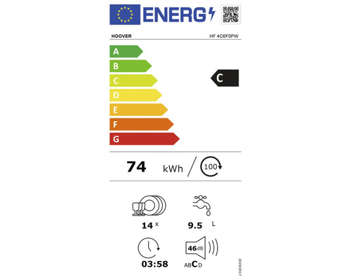 Hoover HF 4C6F0PW vrijstaande vaatwasser, 60 x 85 x 60 cm, voor 14 couverts, 9,5 l inhoud, 46 dB(A)