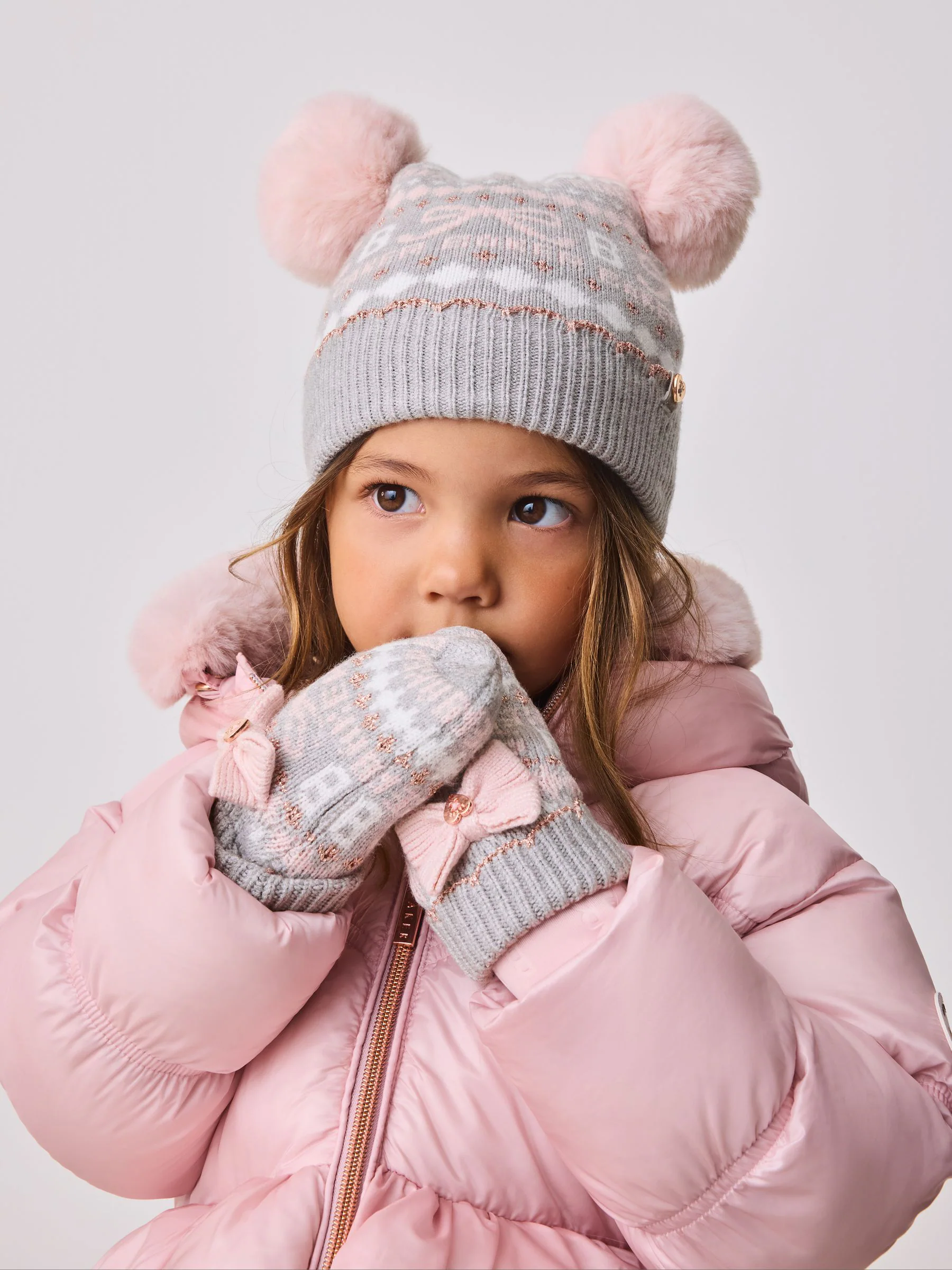 Fairisle - Baker By Ted Baker - Set van muts met dubbele pompon en oren en wanten voor meisjes
