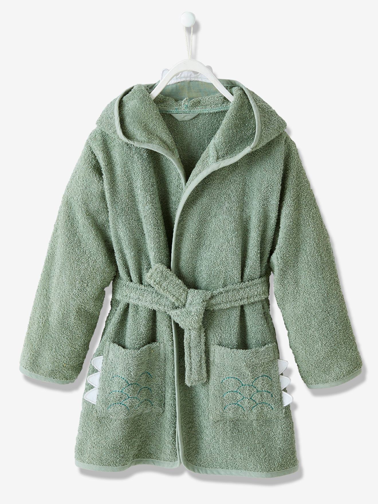 Roupão infantil, verde médio, liso, com estampa de crocodilo e detalhes.