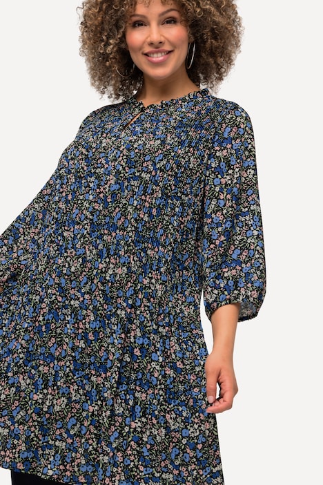 Plissee-Minikleid, Blüten, Rüschen, Stehkragen, 3/4-Arm