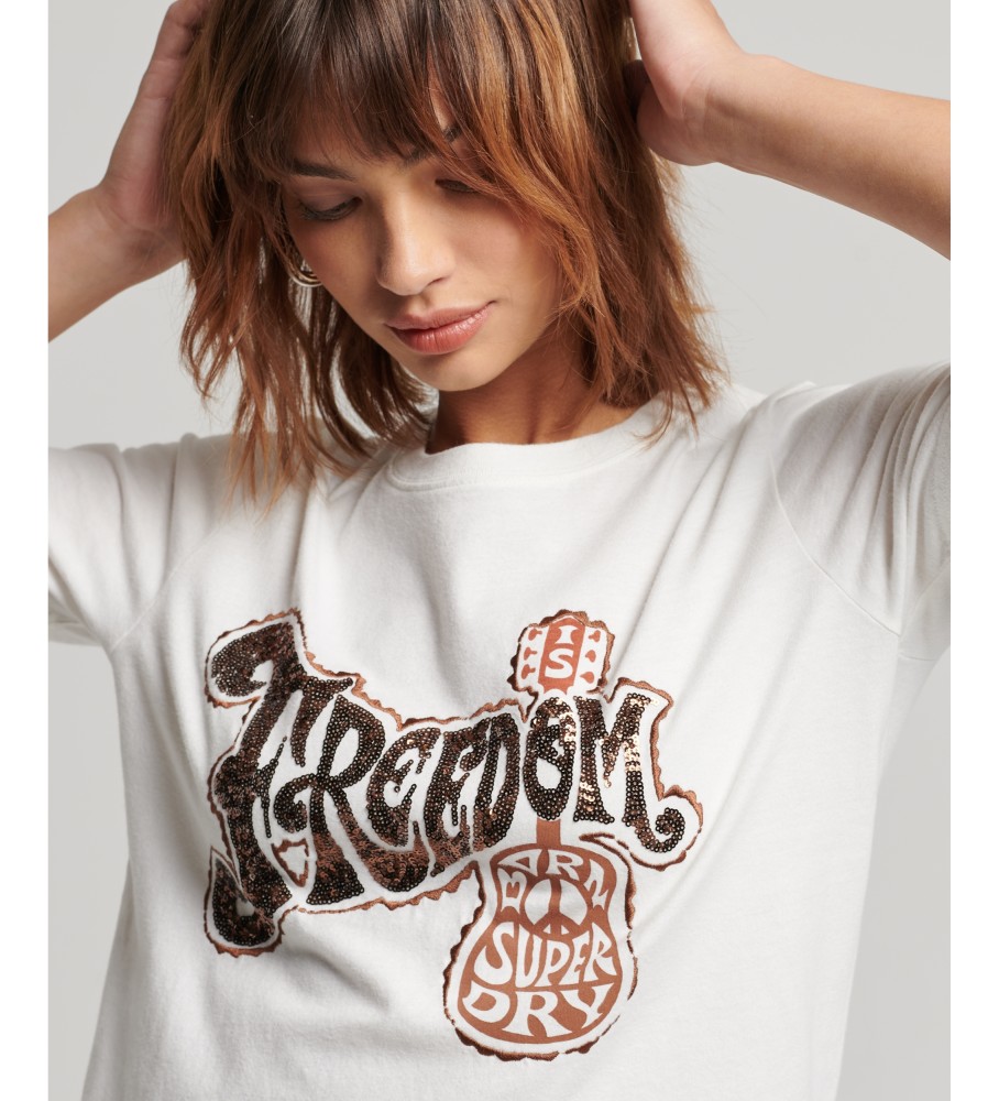 Camiseta Superdry com aplicações e logo vintage, logo branco.