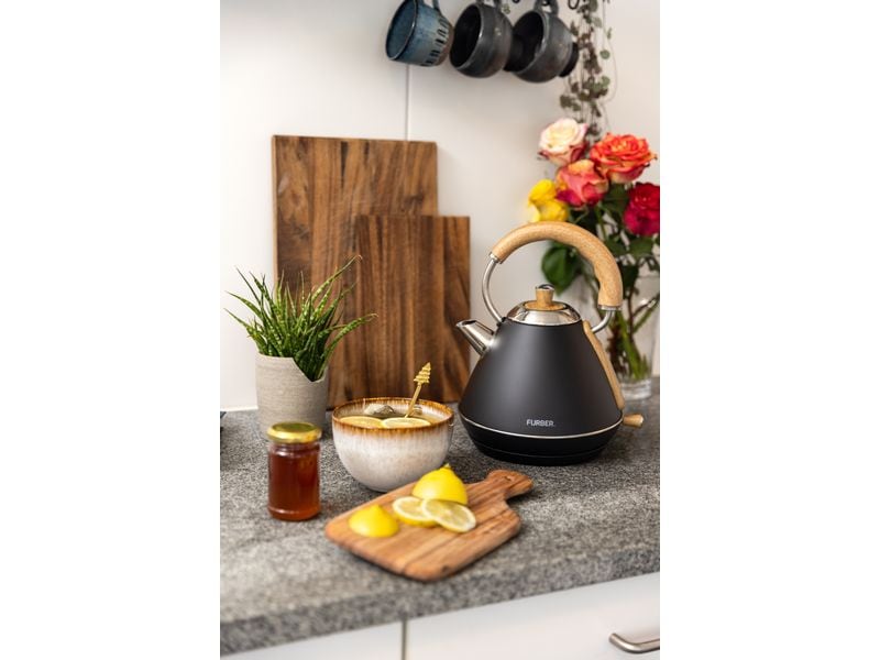 FURBER Wasserkocher Bowie 1.7 l, Schwarz matt Wasserkocher mit 360°-Sockel mit Kabelaufwicklung