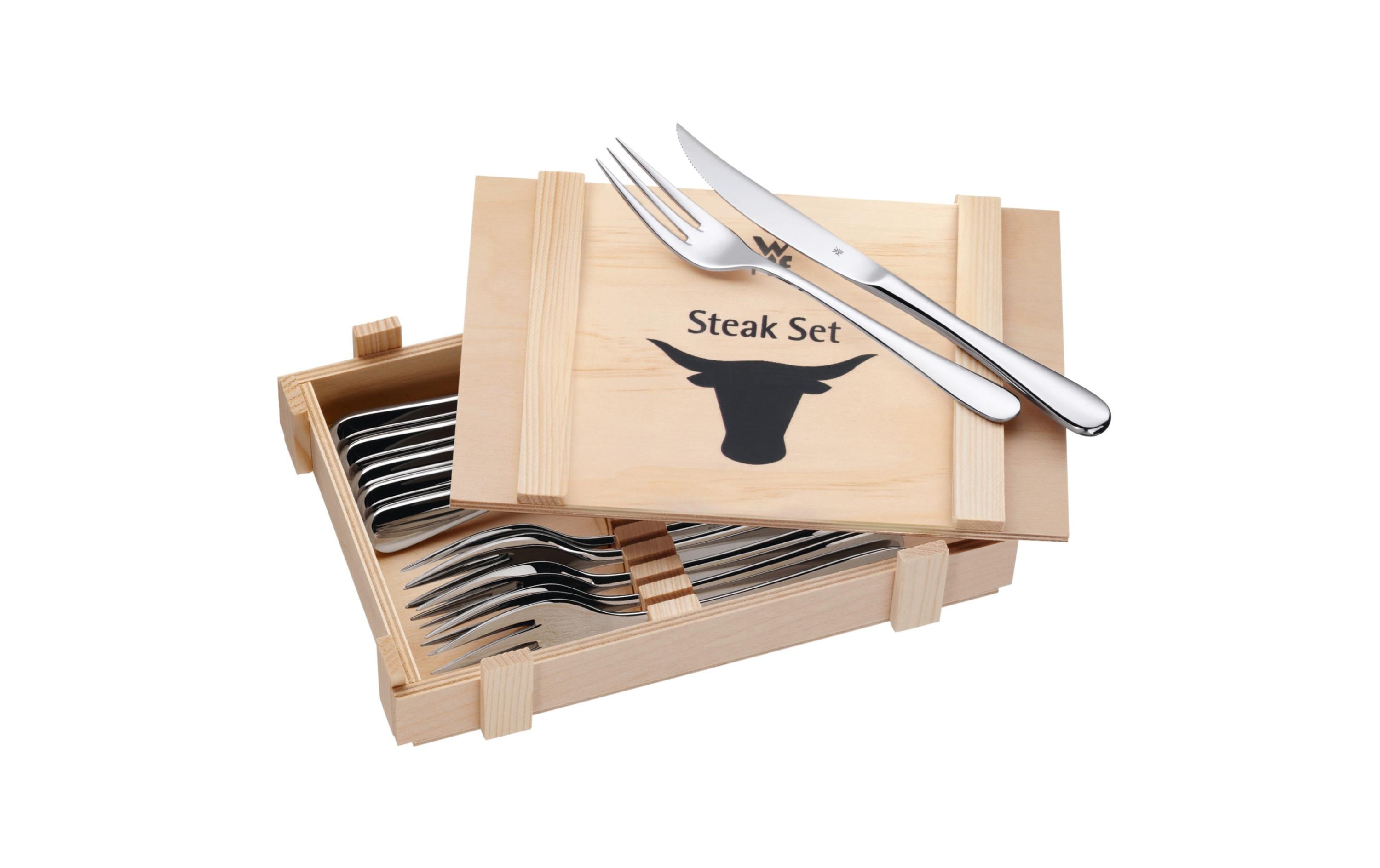 Steakbesteck-Set 12-teilig, Silber12-teiliges Besteck-Set in Holz-Geschenkbox