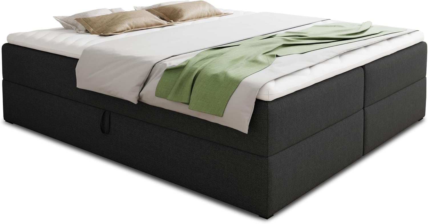 Sofnet Boxspringbett Base mit 2 Bettkästen - Doppelbett mit Bonell-Matratze und Topper, Polsterbett, Freistehendes Bett, Bettgestell, Schlafzimmer (Schwarz (Inari 100), 180 x 200 cm)