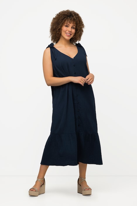 Midikleid, Träger zum Binden, A-Linie, Volant, ärmellos