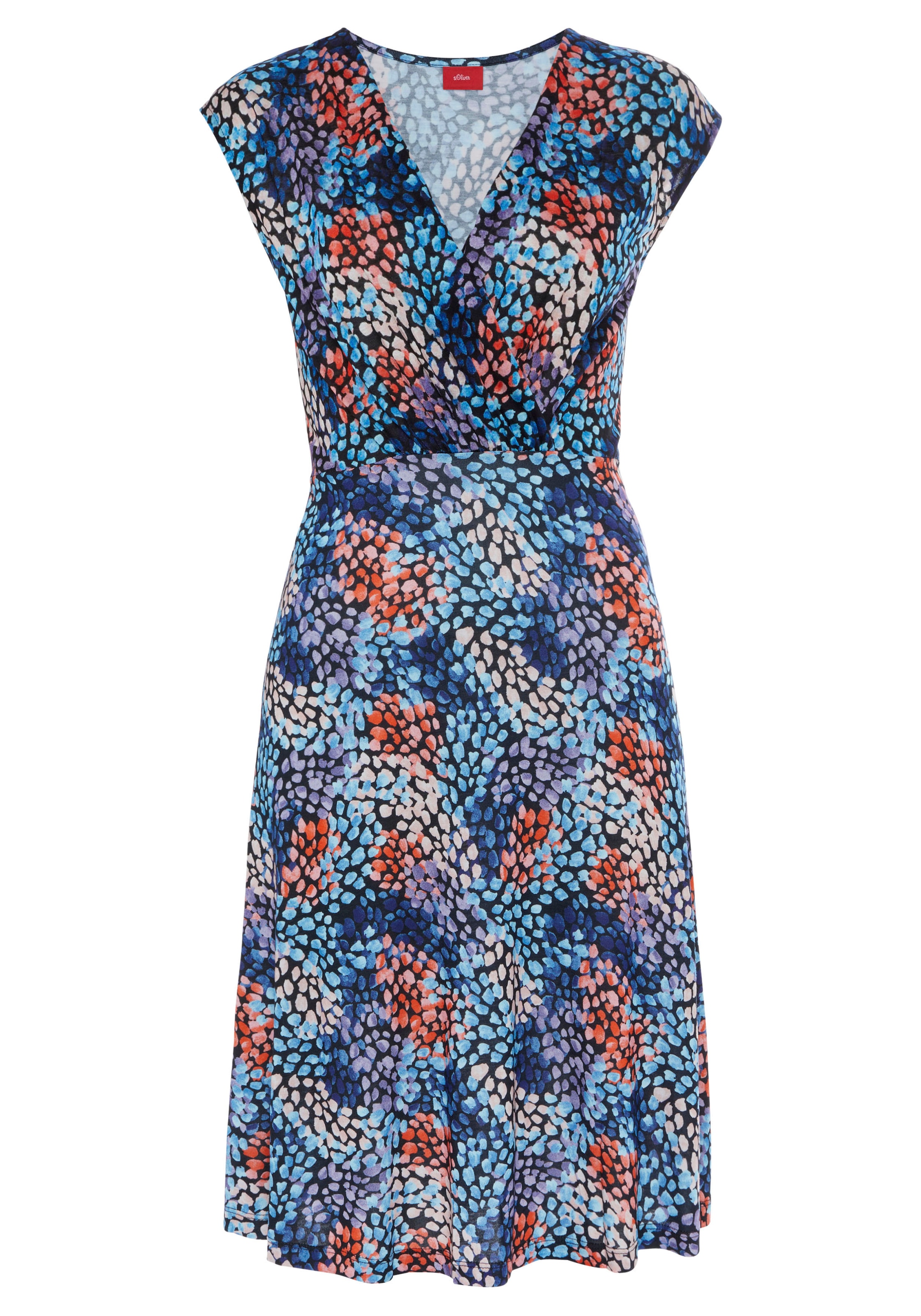 s.Oliver Jerseykleid mit Alloverdruck und V-Ausschnitt, Sommerkleid in Wickeloptik