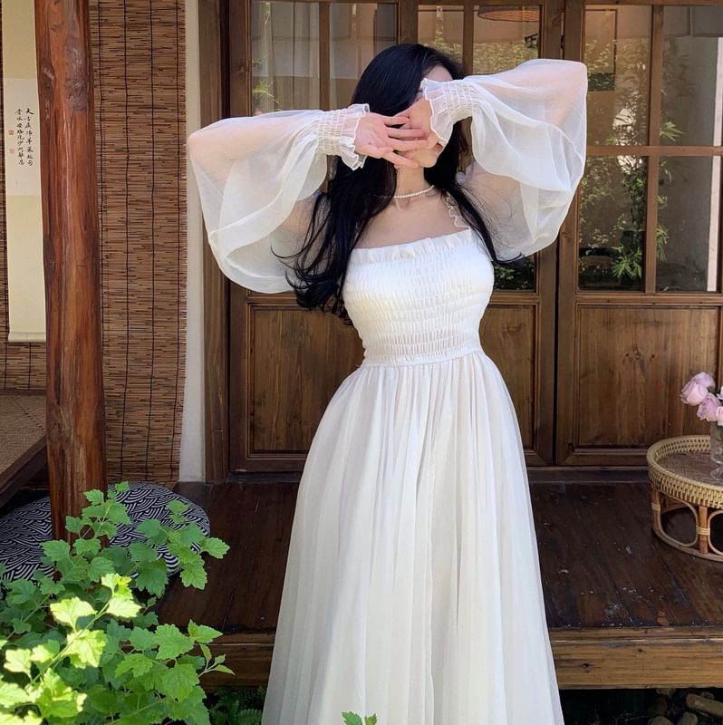 JIYON - Lange mouwen off-shoulder maxi-A-lijnjurk met ruches en ruches