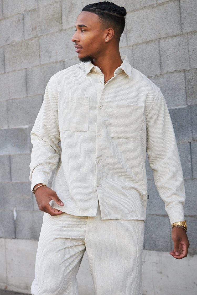 Ensemble 2 pièces chemise + pantalon en velours côtelé beige