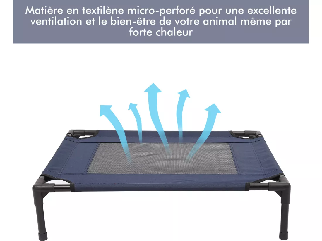 Lit pour chien chat lit de camp grand confort sur pieds tissu oxford textilène micro-perforé 76L x 61l x 18H cm bleu marine noir