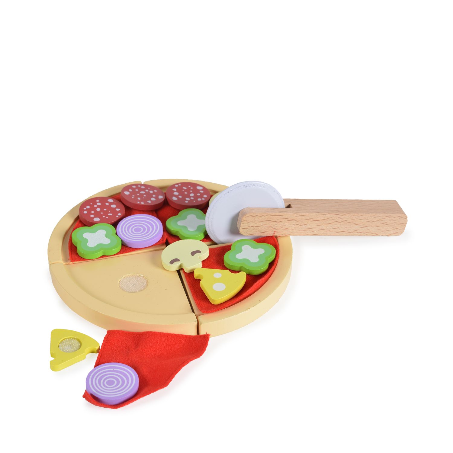 Moni Kinder Pizza-Spielset 4221 Holz Pizzaschneider, Pizzastücke mit Klett rot