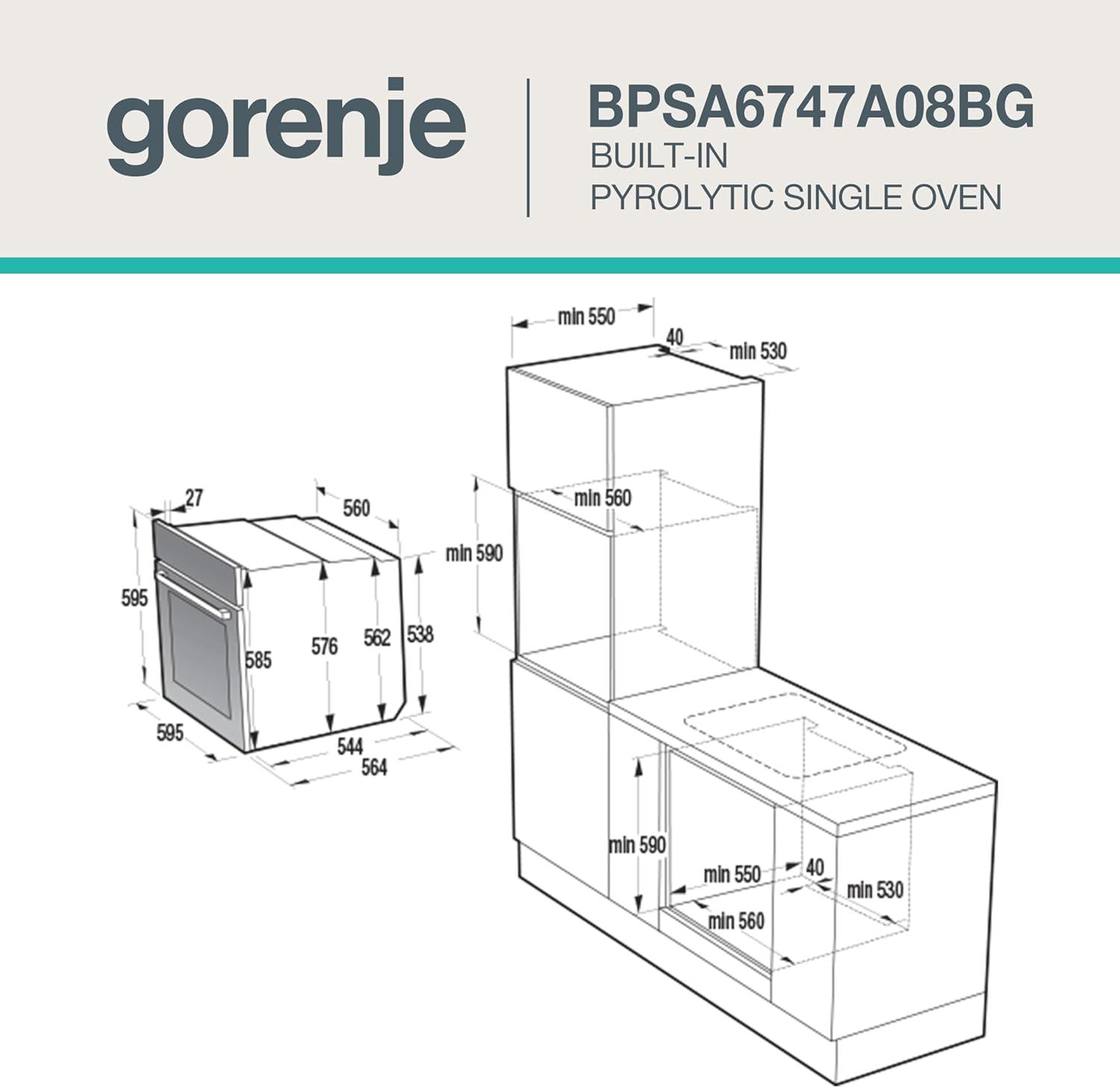 Gorenje OptiBake Advanced BPSA 6747 A08BG Einbau-Backofen / 77L / Heißluft / Pyrolyse / AutoBake / Touch Bedienung / Bratenthermometer / GentleClose & Open / SteamAssist / PizzaMode 300°C/ schwarz