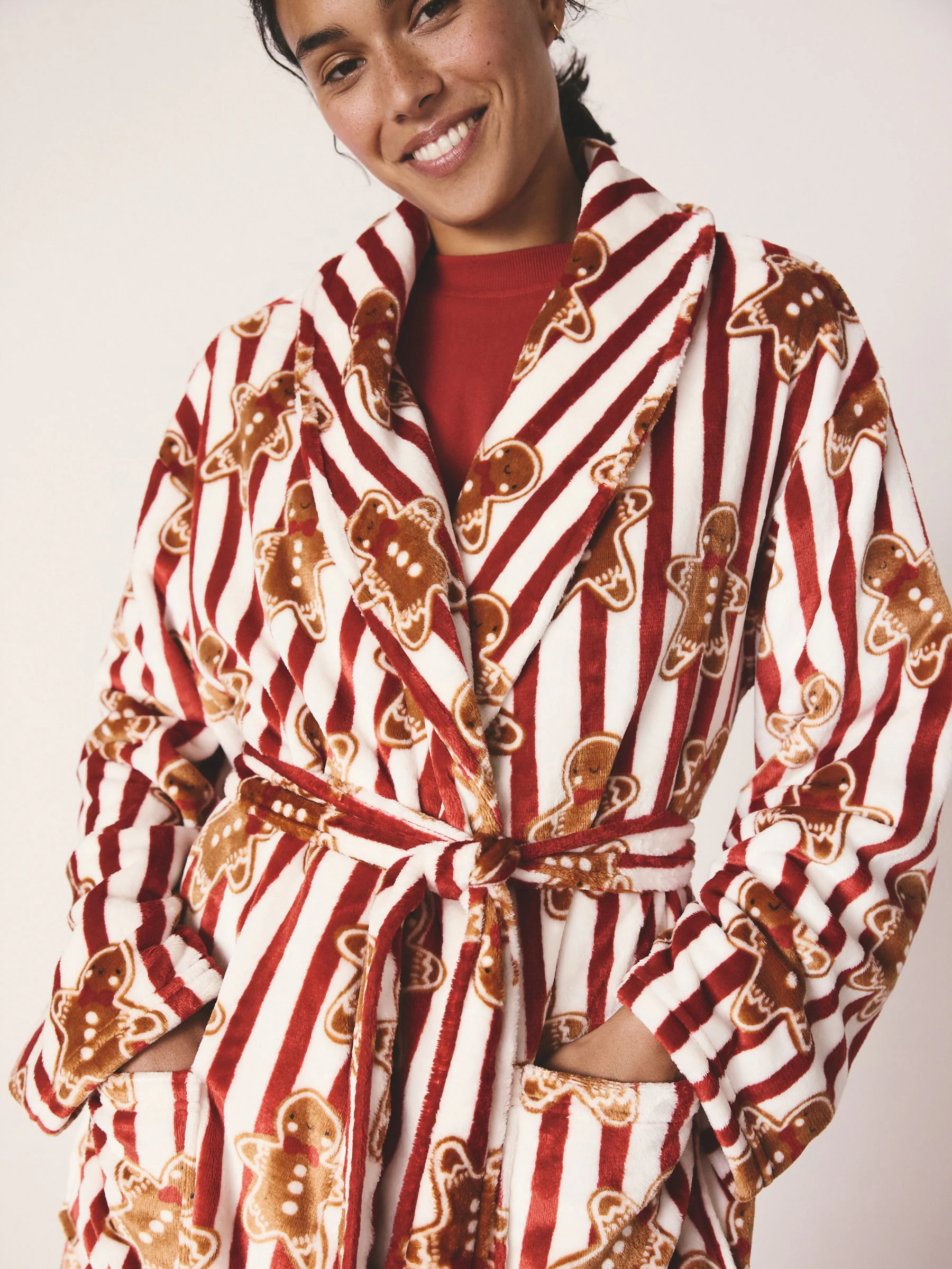 Rood met peperkoekprint - Bijpassende Familie Kerstmis Behaaglijke Fleece Badjas