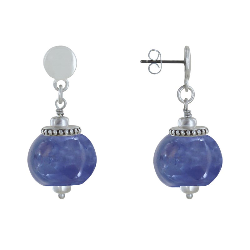 Boucles d'Oreilles Clous Métal Argenté et Grosses Perles en Céramique