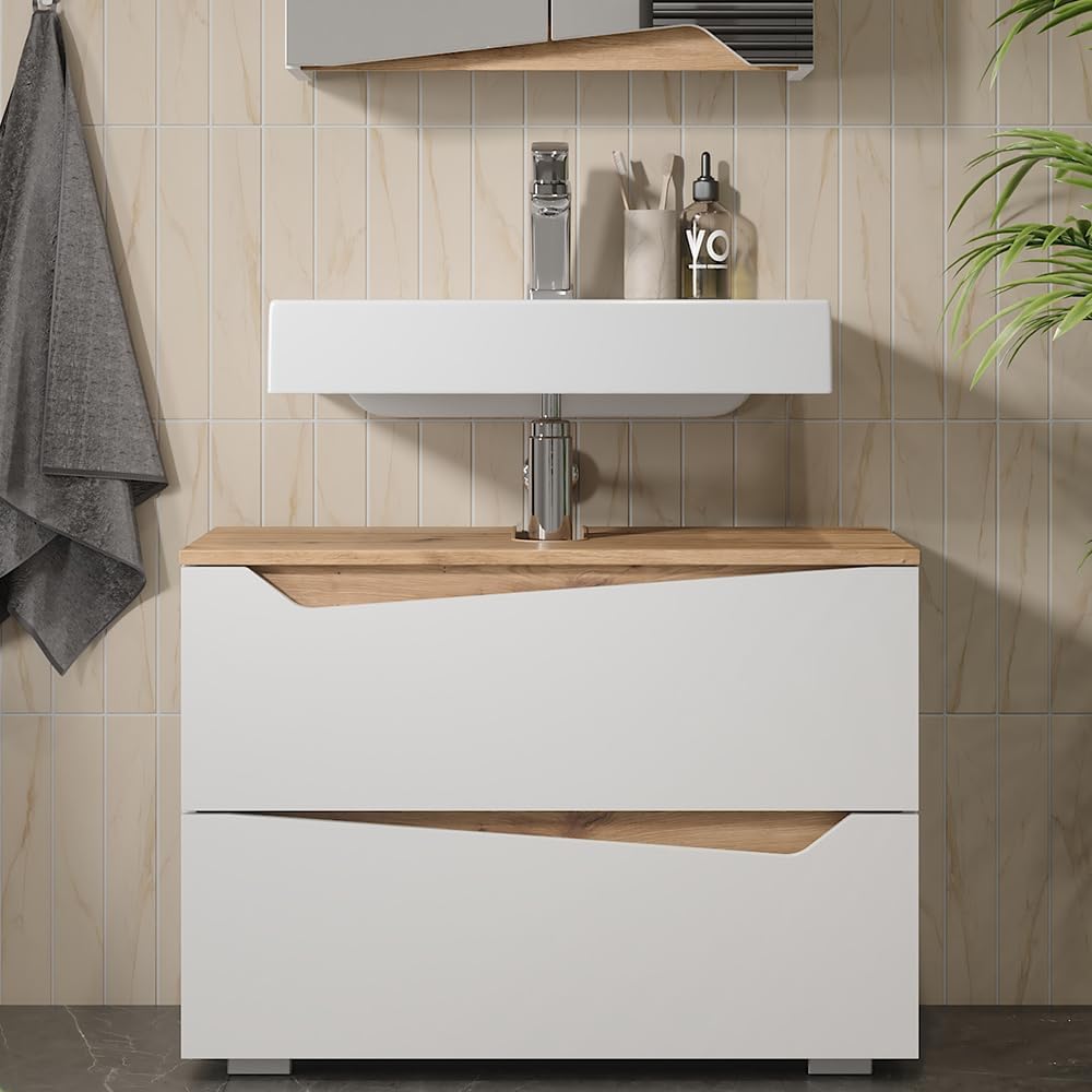 Vicco Waschbeckenunterschrank Marelle, Weiß/Artisan, 80 x 57.5 cm mit 2 Schubladen