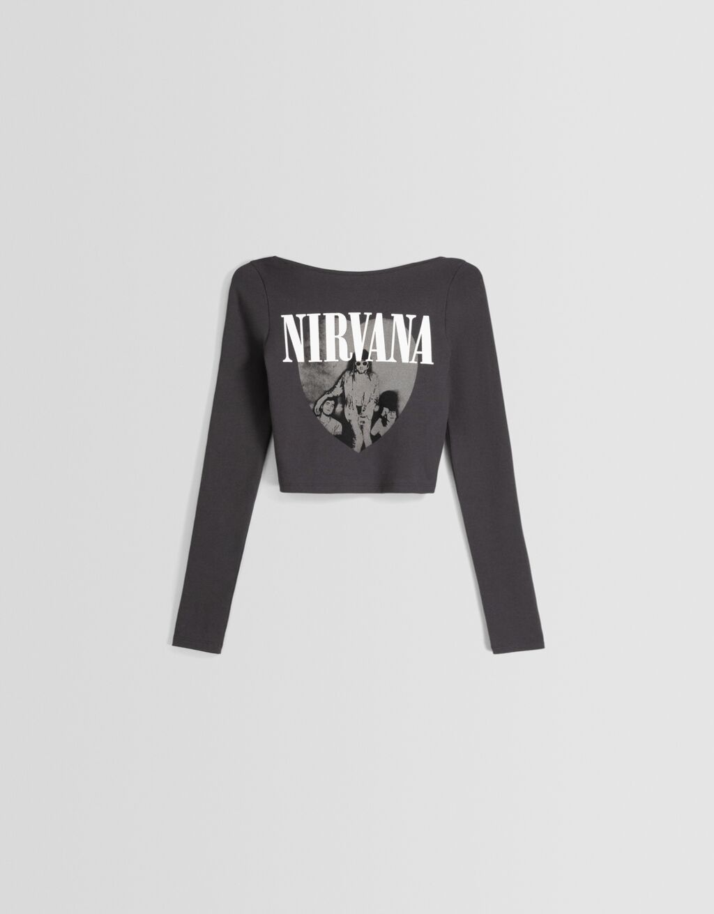 Camiseta Nirvana de manga comprida e costas abertas com estampa.