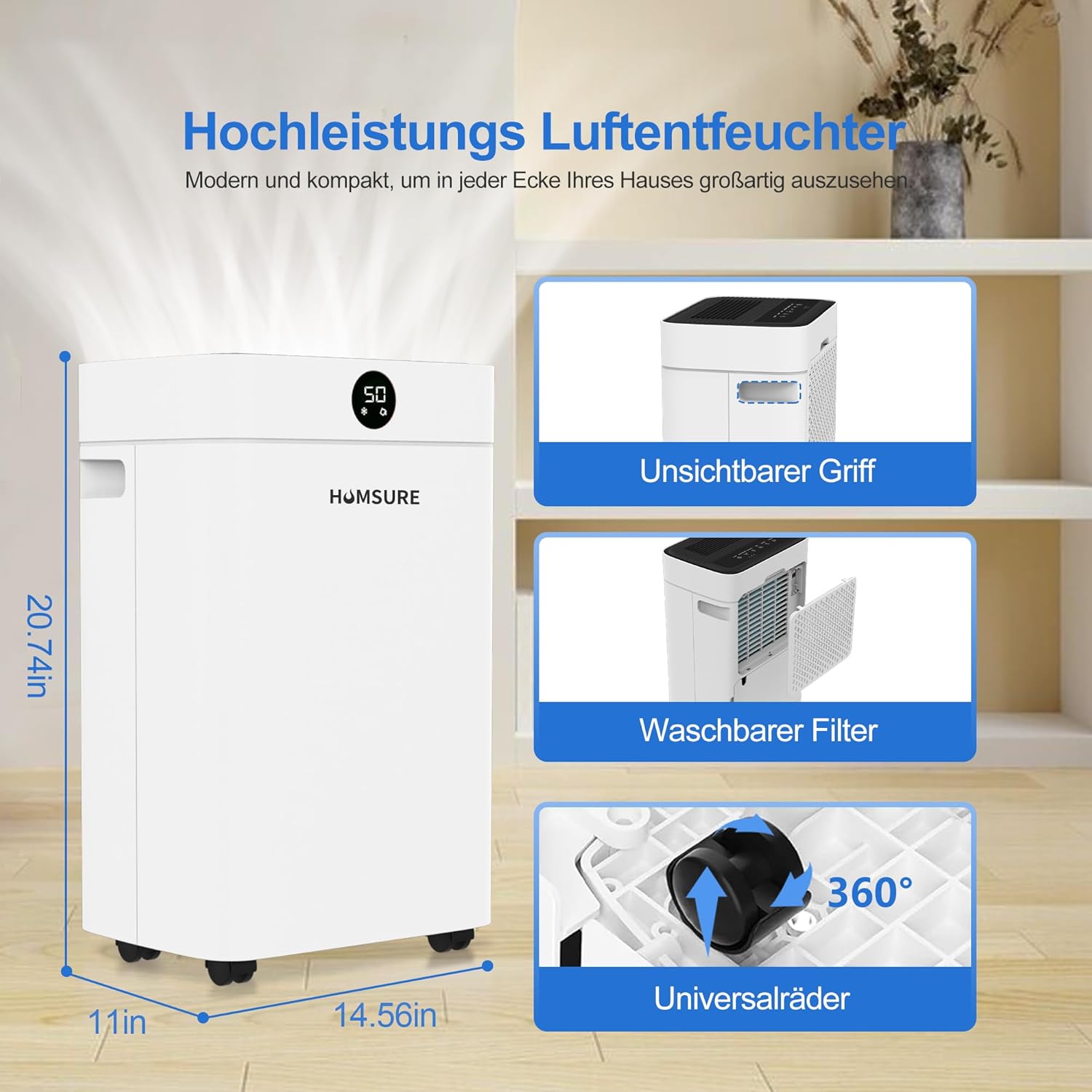 Luftentfeuchter 25L, Entfeuchter elektrisch, Luftentfeuchter Keller für Räume bis zu 150m³/50m², Raumentfeuchter elektrisch mit Ablaufschlauch, Timer, 10 J. Gar.
