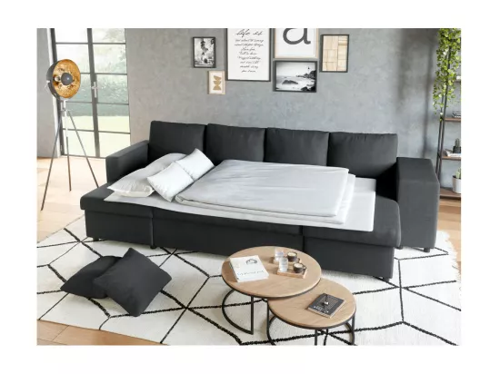 Canapé d'angle panoramique Oslo convertible avec coffres et poufs à droite - Tissu - Gris anthracite - L311 x P146 x H81cm - Loungitude