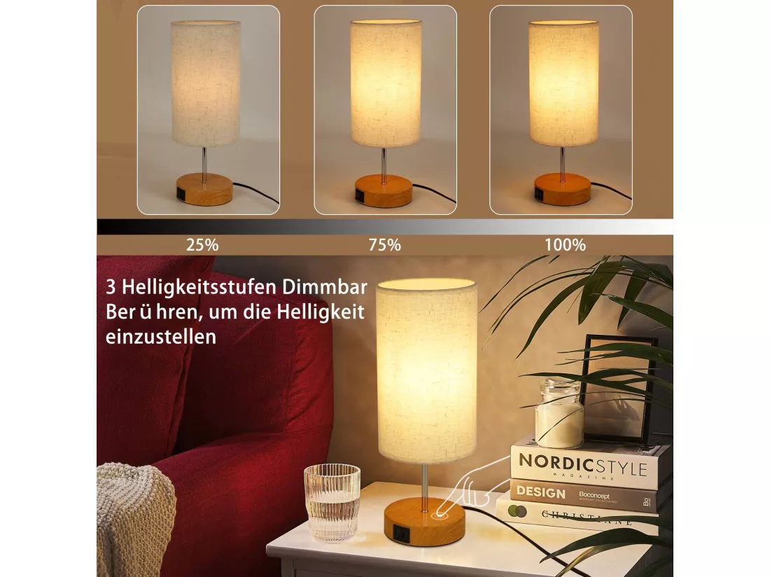 NETTLIFE Lampe de table tactile dimmable E27 abat-jour en tissu moderne avec fonction de chargement USB