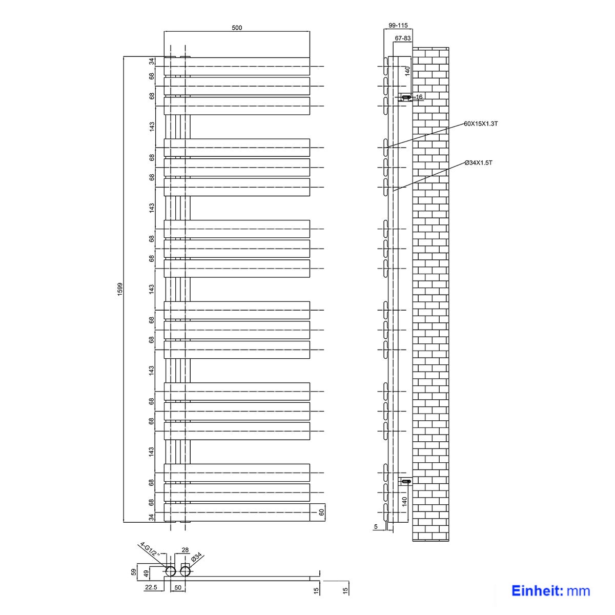 EMKE Flat Badkamerradiator 1599x500 mm Wit, Handdoekwarmer voor Badkamers, Handdoekdroger, Paneelhanddoekhouder, Zijwateraansluiting, 794W