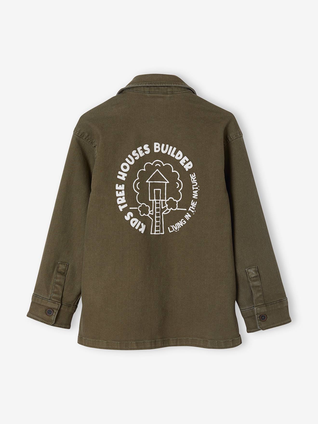 Sobretudo estilo aventureiro para meninos, verde médio liso com estampas.