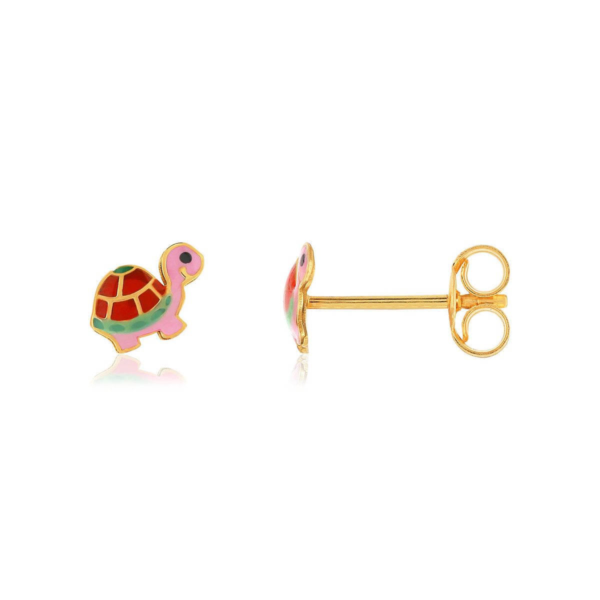 Boucles d'oreilles or jaune 375, laque. Motif tortue.