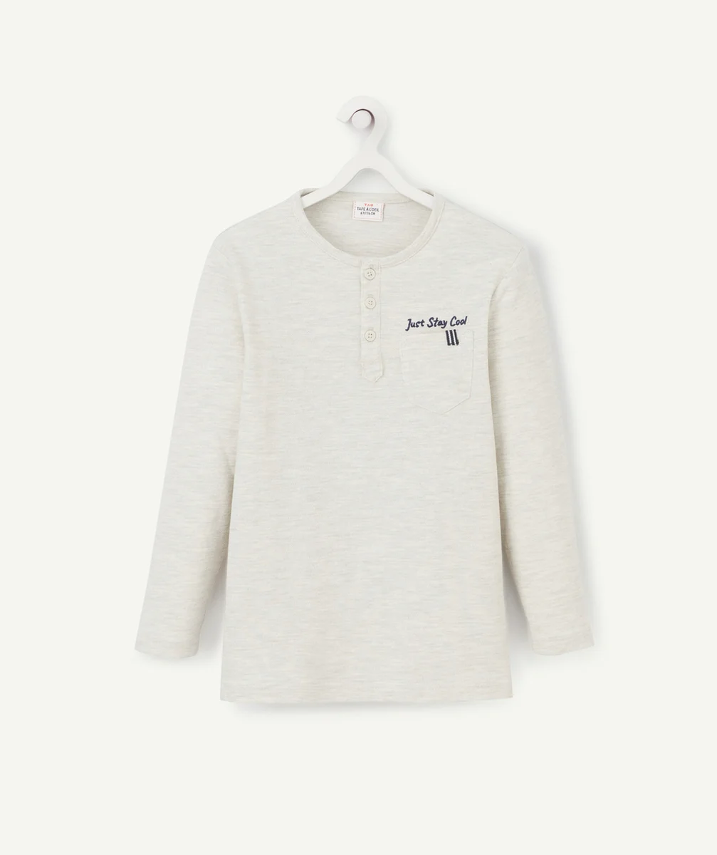 T-SHIRT GARÇON EN COTON GRIS CHINÉ AVEC COL MAO