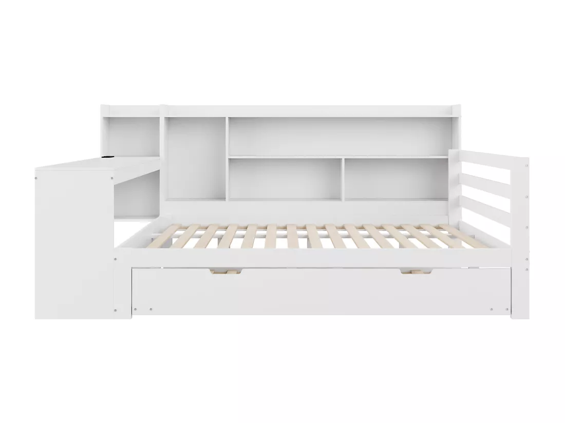 Canapé convertible en bois massif 140x200 cm - avec bureau + bibliothèque - compartiments de rangement + étagères - avec prises - avec lit gigogne - blanc