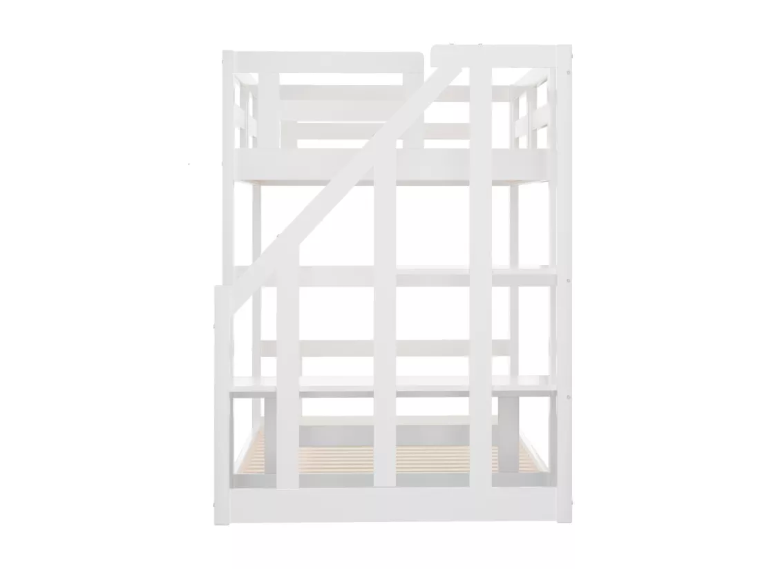 Lit superposé 90x200cm - lit d'enfant avec escalier de sécurité, cadre de lit en bois massif et sommier à lattes - blanc
