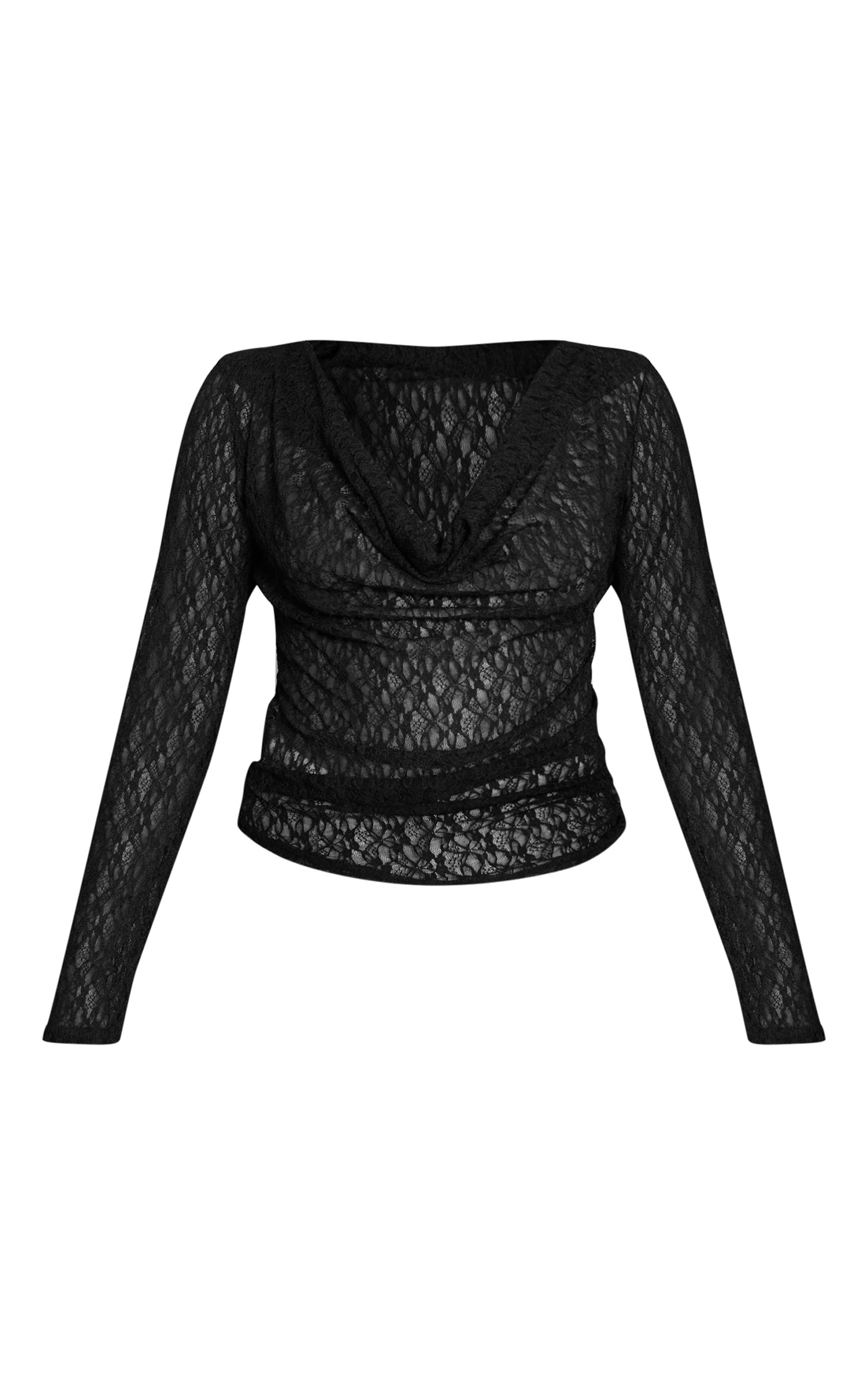 Noir Haut À Manches Longues En Dentelle Transparente Avec Col Bénitier