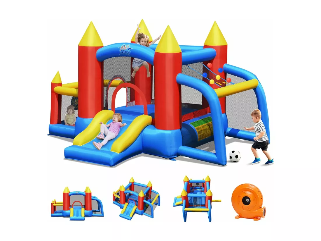 Château Gonflable pour Enfants avec Souffleur 450W Toboggan 60 Boules Colorées,Jeux de Fléchettes But de Football Sac