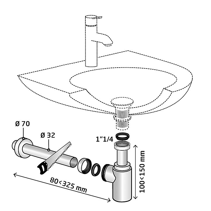 Siphon chromé 32mm avec tuyau Wirquin