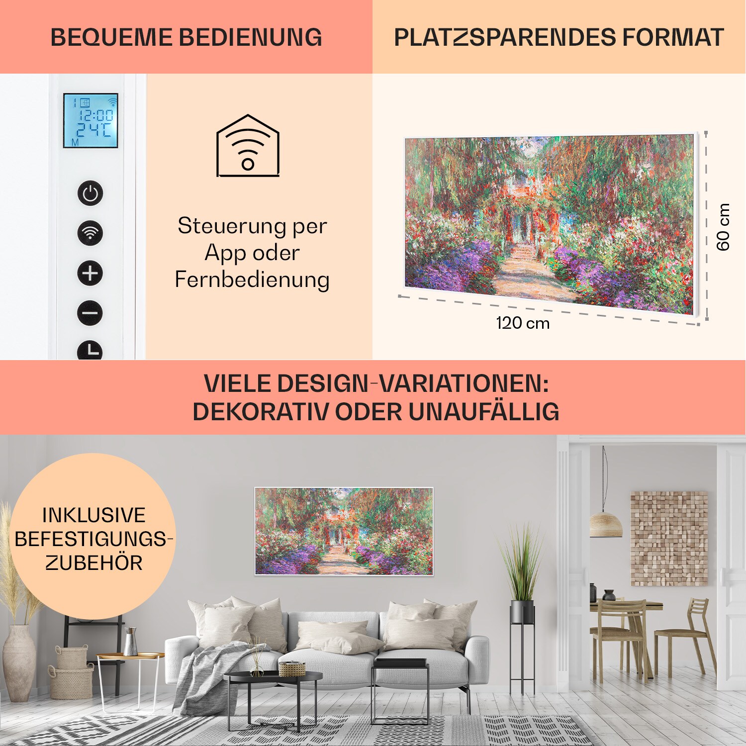 Wonderwall Air Art Smart Infrarotheizung 120x60cm 700W WandinstallationApp-Steuerung Gartenweg