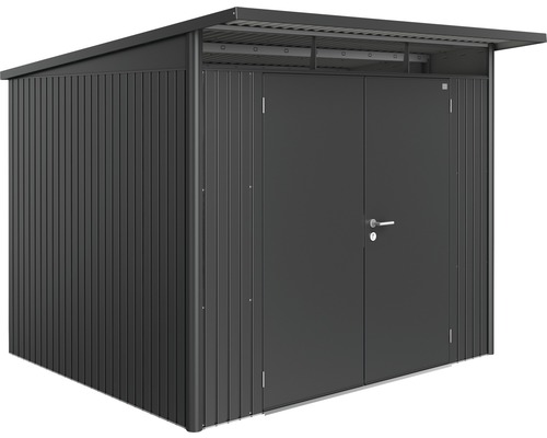 Biohort AvantGarde tuinhuis met dubbele deuren, formaat A6, inclusief plank en gereedschapshouder, 260 x 260 cm, donkergrijs metallic