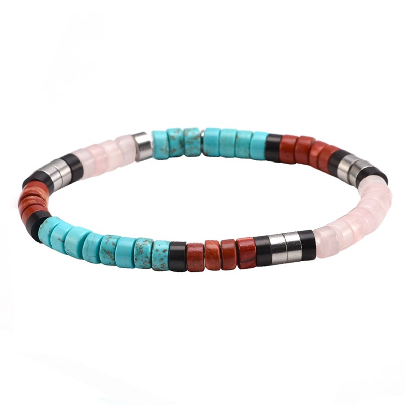 Bracelet Perles Heishi Turquoise Jaspe Rouge Et Noir Quartz Rose-XS-14cm