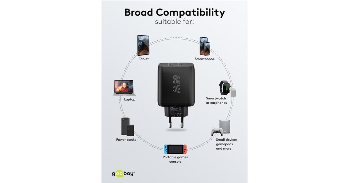 goobayUSB-C PD GaN Dual snellader (65 W)  (Zwart, 1x USB-C, 1x USB-A, Power Delivery)
