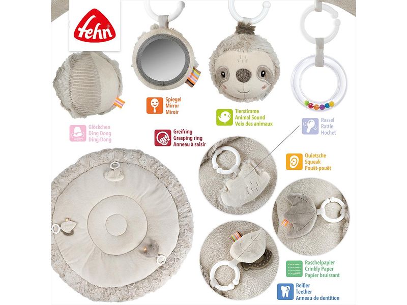 fehn 3-D-Activity-Decke Faultier, Grau/Beige Babyspielmatte mit spielerischen Aktivitäten