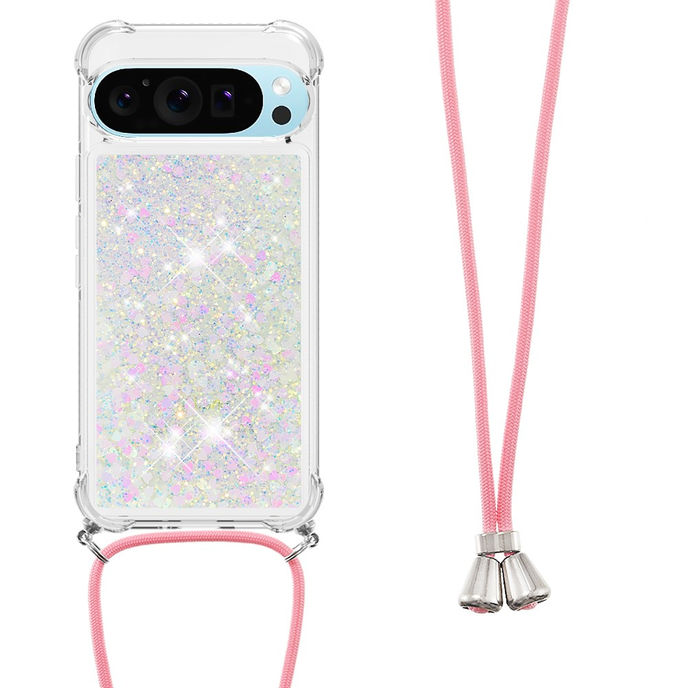 Google Pixel 9 / Pixel 9 Pro Necklace Gummi Hülle Liquid Glitzer   Handykette (130cm) - Rosa / Silber