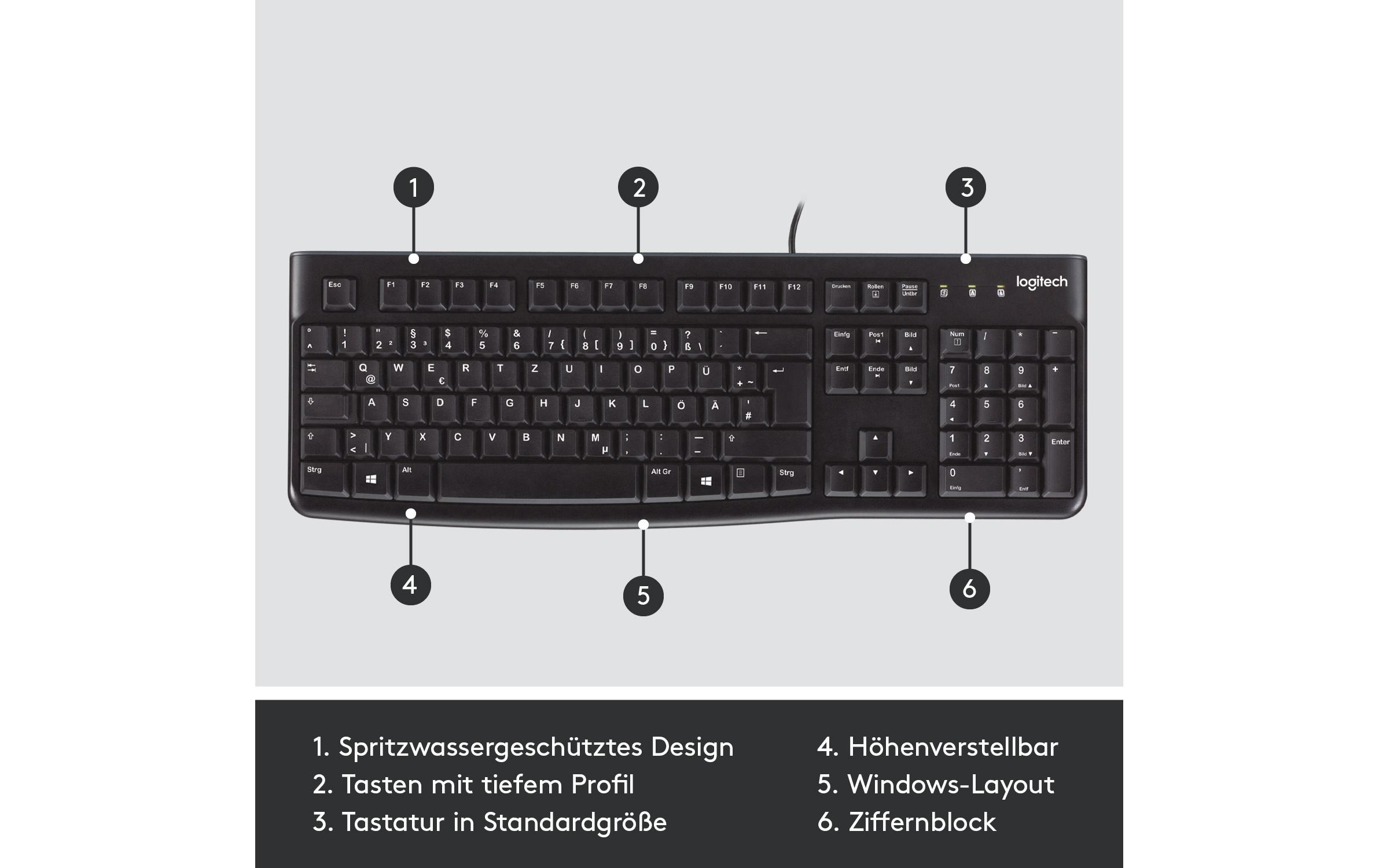 Tastatur K120 CH-Layout, kabelgebundenSpritzwassergeschützte Tastatur in voller Grösse die Komfort und Design vereint
