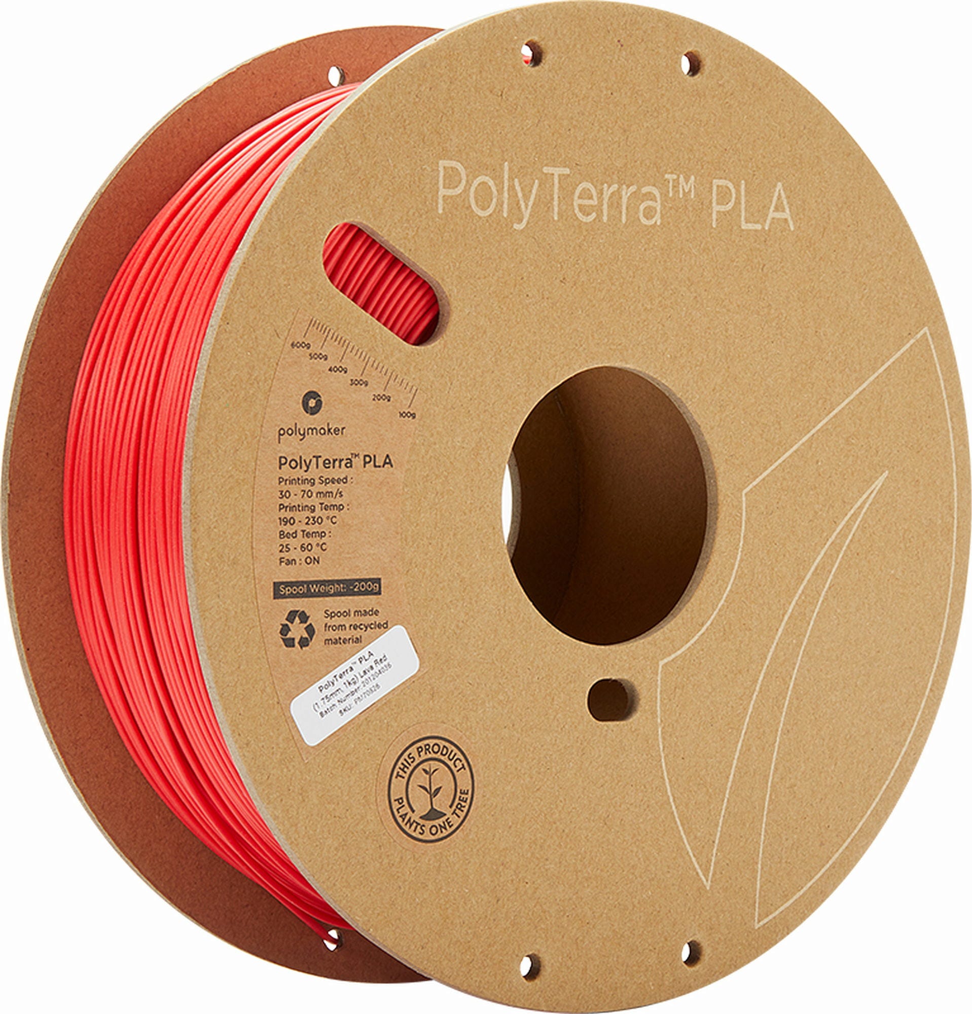 Polymaker  PolyTerra PLA Lava Red, 1,75 mm / 1000 g    Filament mit reduziertem Kunststoffgehalt