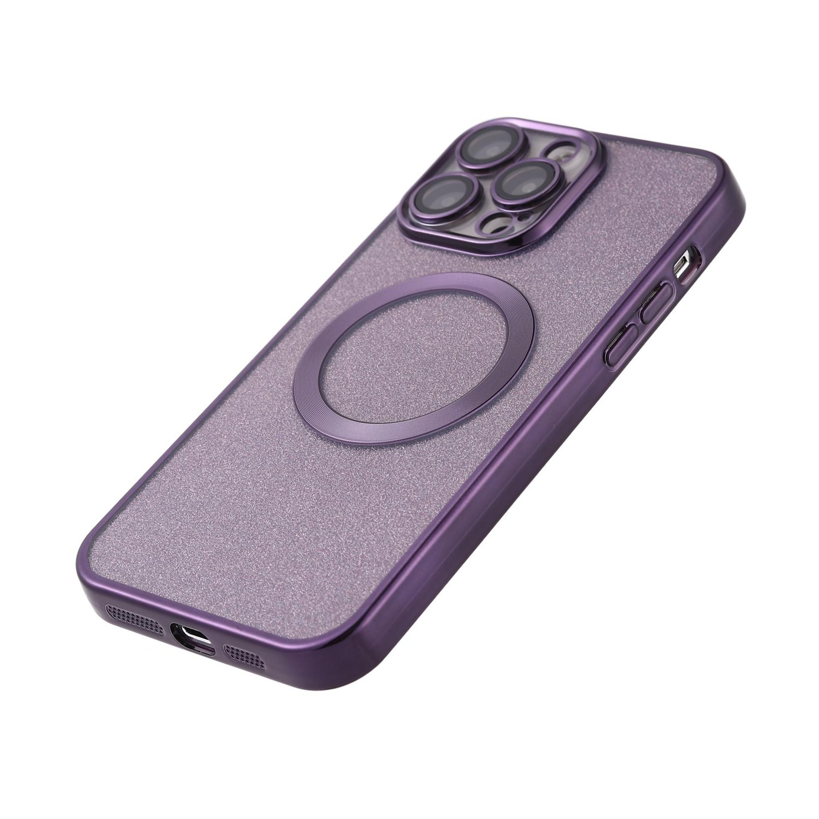 iPhone 13 Pro MagSafe Gummi Case Hülle mit Acryl Kameraglasschutz im Glitzer Design - Lila / Transparent