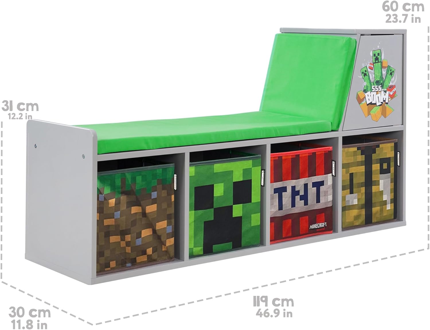 MINECRAFT - Sitzbank, Leseregal mit Sitzkissen und Stauraum