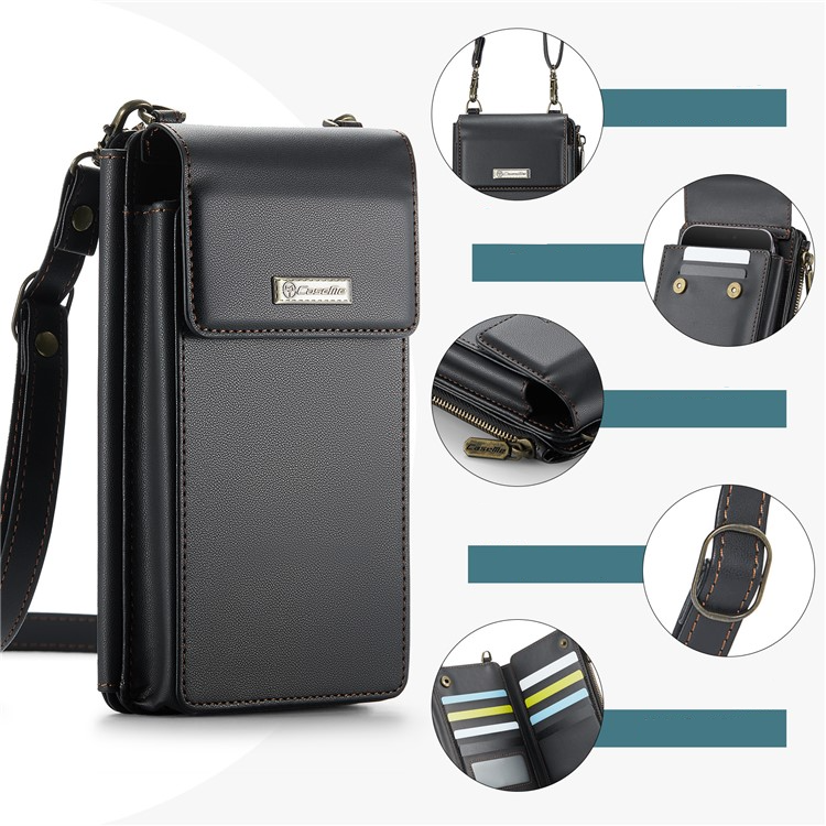 (17x10x3cm) Universal Handy Leder Umhängetasche Portemonnaie Fashion Crossbody Bag (RFID Schutz) - Schwarz